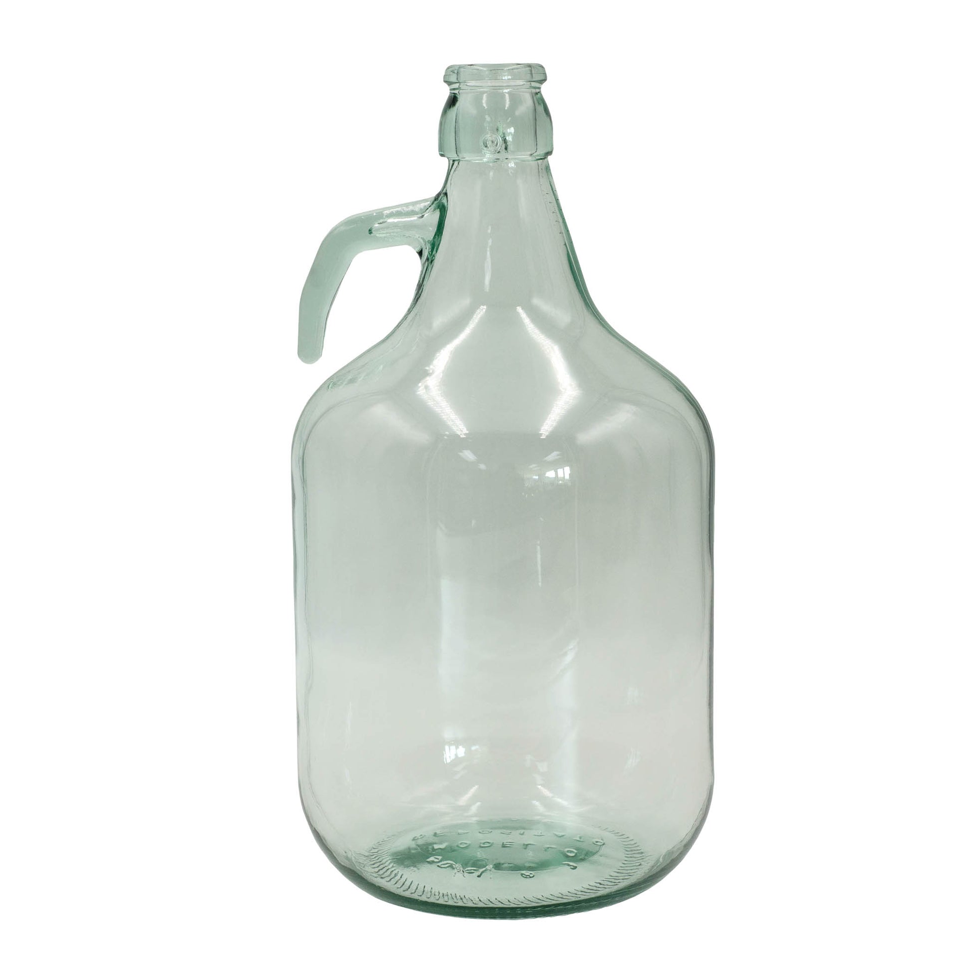 Clear glass growler with handle on a white background