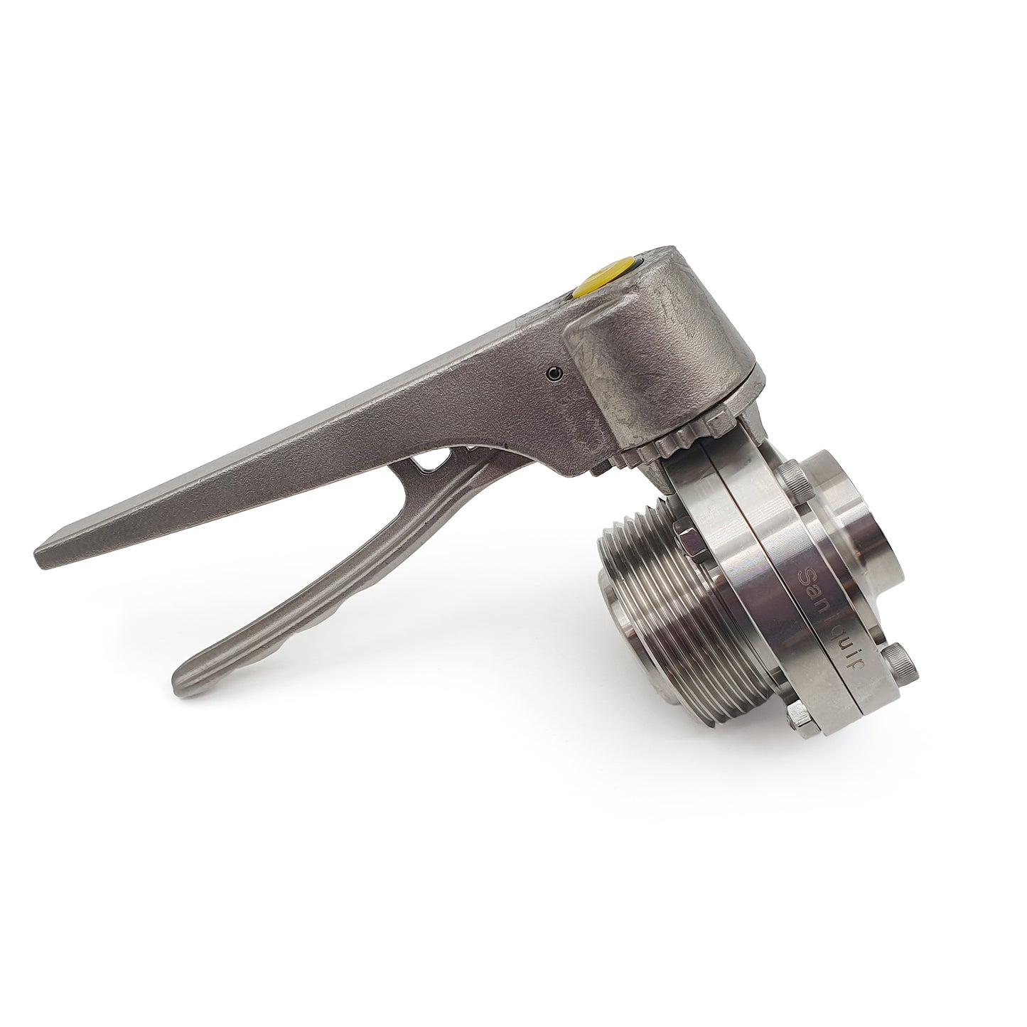 Metal valve with handle on a white background