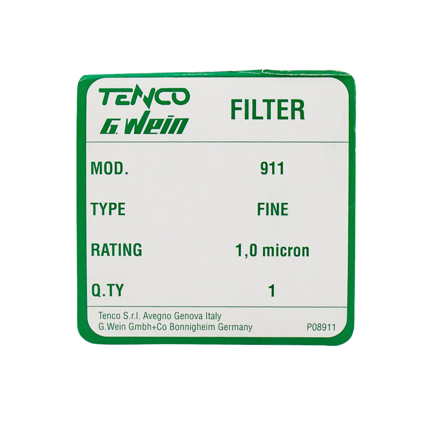 Filter label with Tenco G. Wein branding and product details on a white background