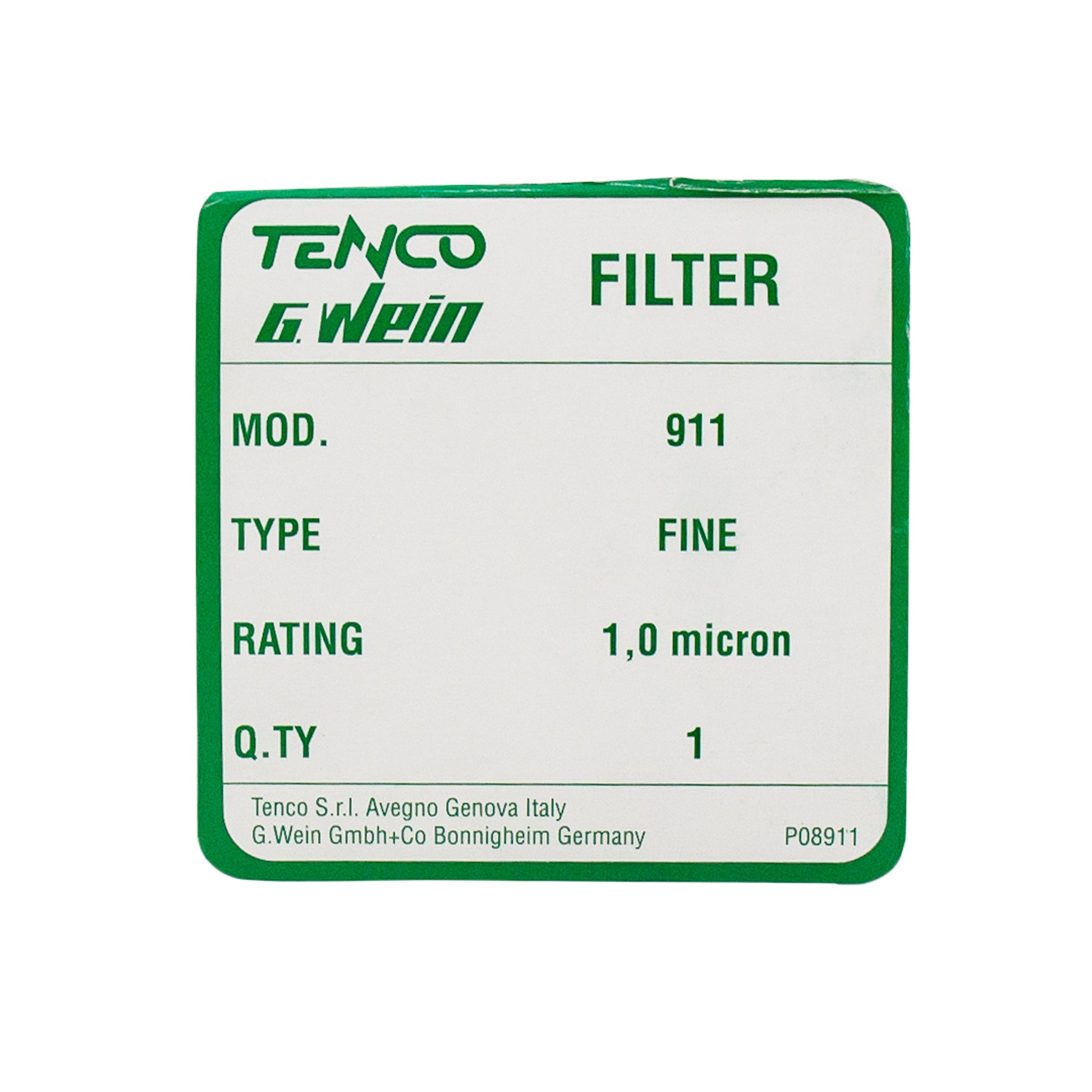 Filter label with Tenco G. Wein branding and product details on a white background
