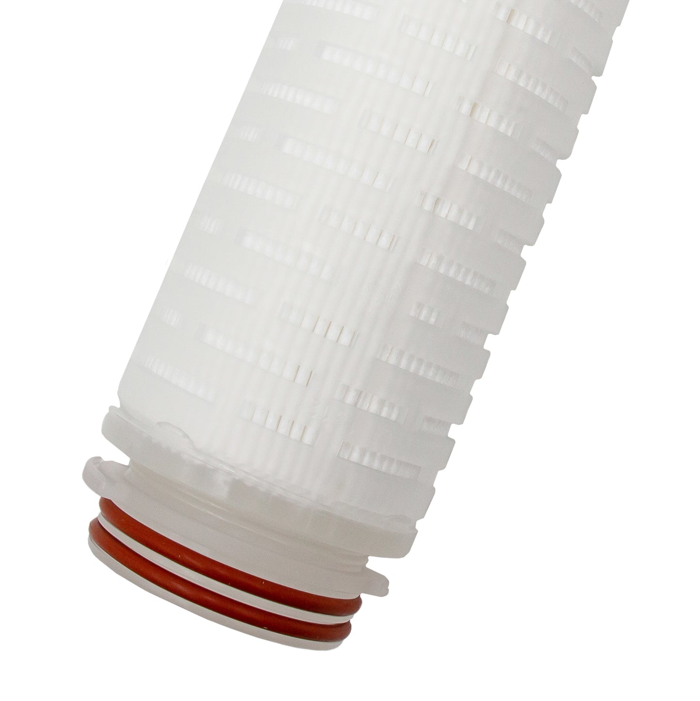 Close-up of a white plastic filter cartridge with a red band on a white background