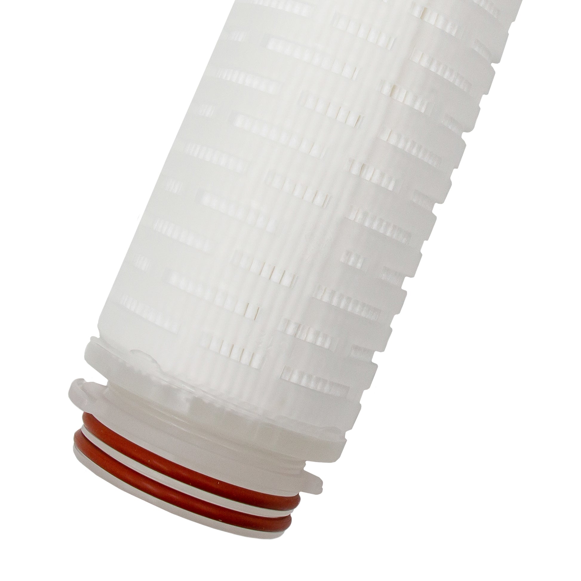 Close-up of a white plastic filter cartridge with a red band on a white background