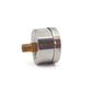 Metallic cylindrical component with threaded end on a white background