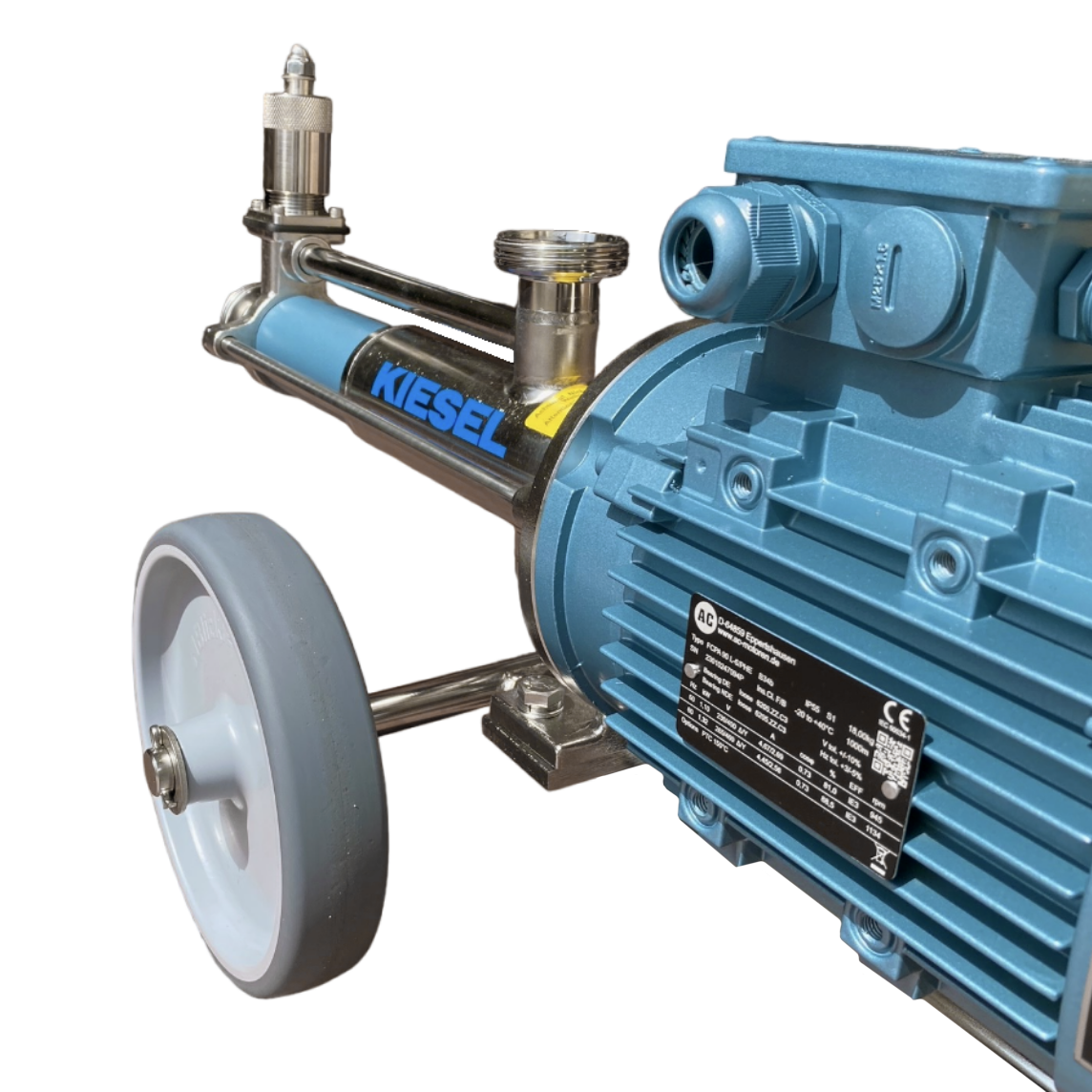 Kiesel industrial pump with a blue electric motor, stainless steel pump body, and a gray wheel, shown on a white background.