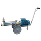 A Kiesel industrial pump with a blue motor, stainless steel components, and a wheeled cart with a long handle, shown on a white background.