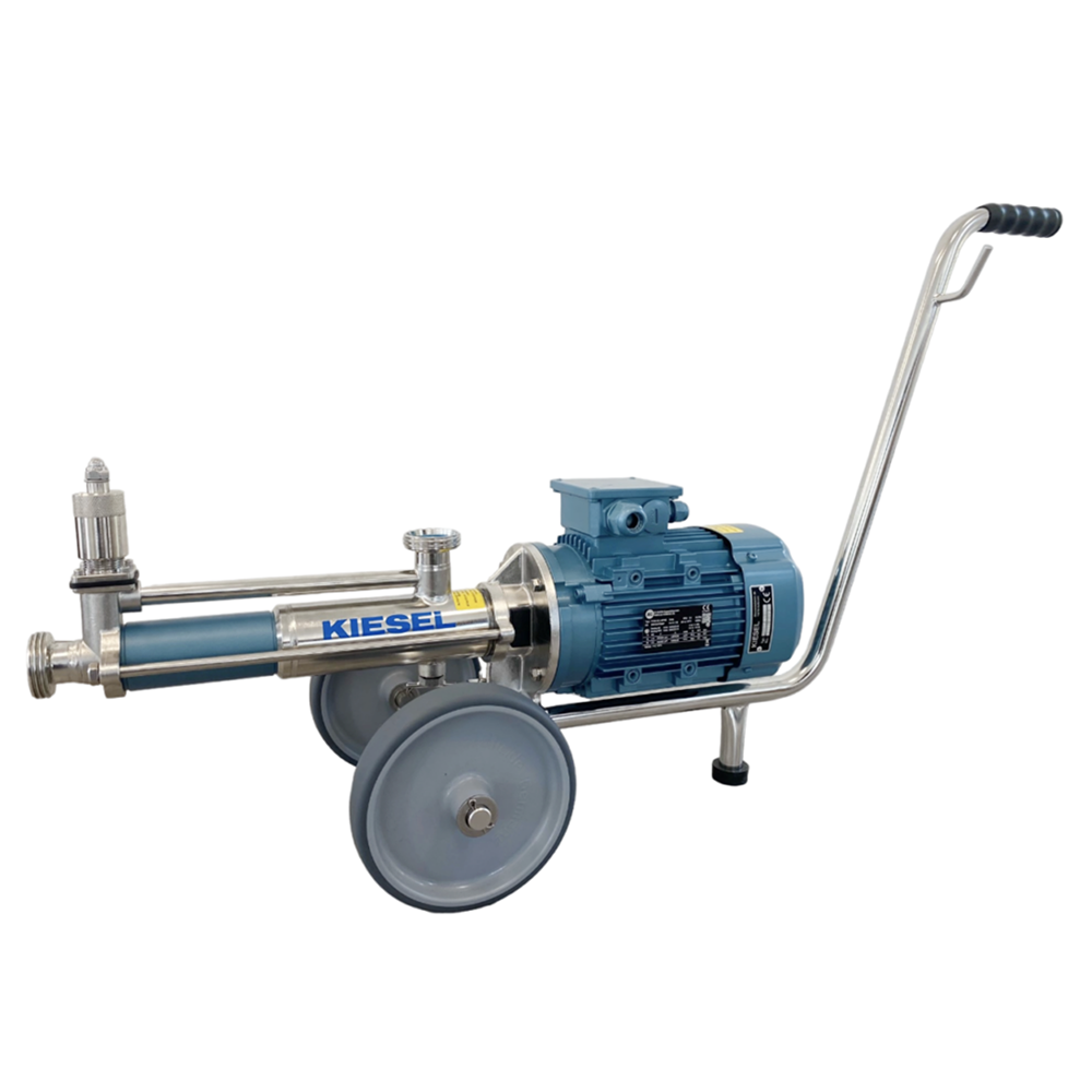 A Kiesel industrial pump with a blue motor, stainless steel components, and a wheeled cart with a long handle, shown on a white background.