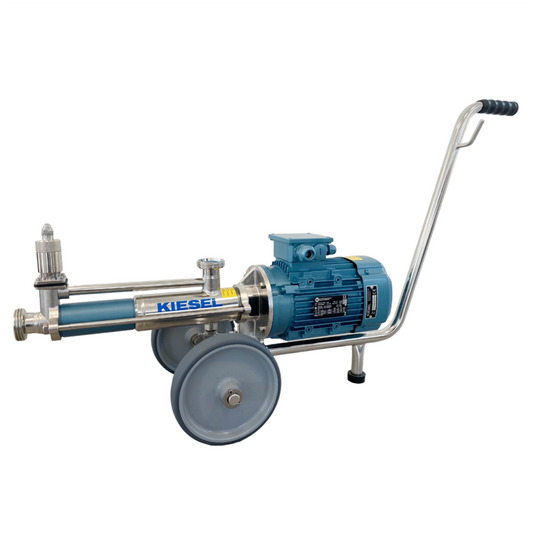 A Kiesel industrial pump with a blue motor, stainless steel components, and a wheeled cart with a long handle, shown on a white background.