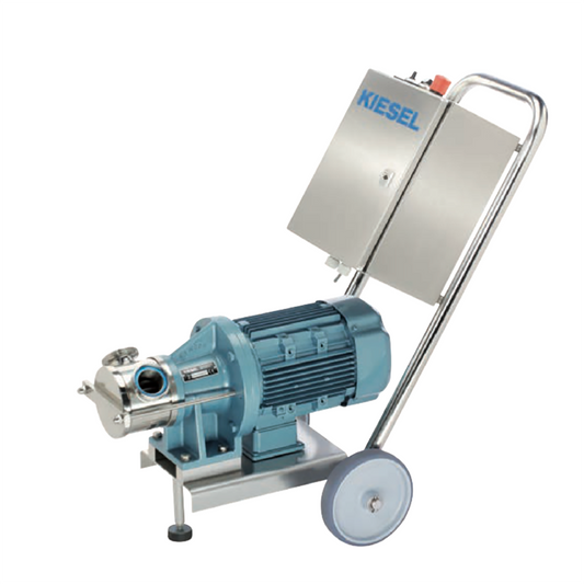 Kiesel industrial pump with a blue motor, stainless steel components, and a wheeled cart on a white background.