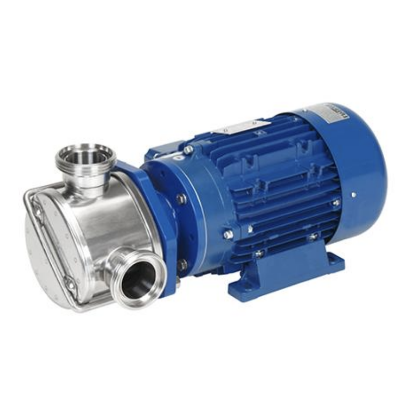 A blue and stainless steel coaxial pump with a ribbed motor housing and metal impeller casing, shown on a plain white background.