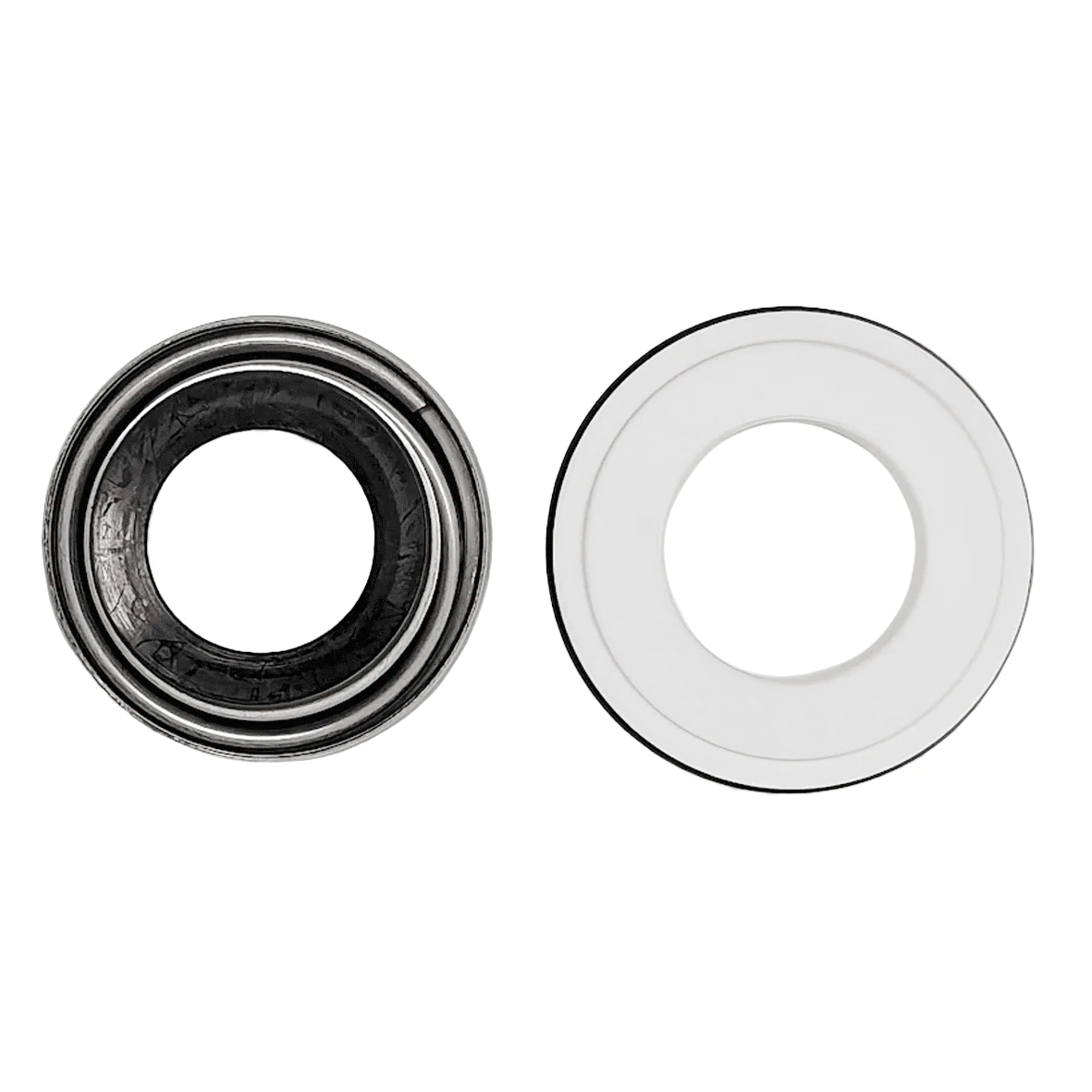 Two mechanical bearings, one black and one white, on a white background
