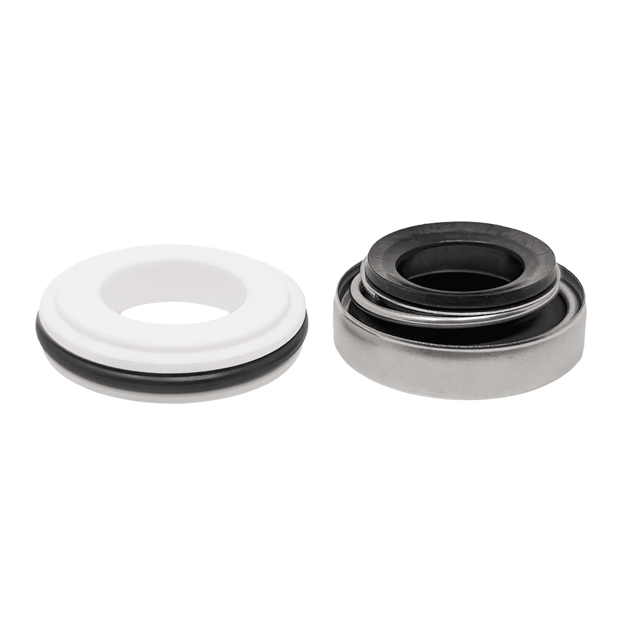 Two mechanical seals, one white and one black, on a white background