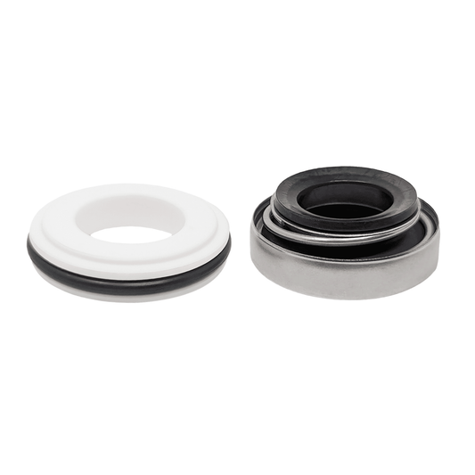 Two mechanical seals, one white and one black, on a white background