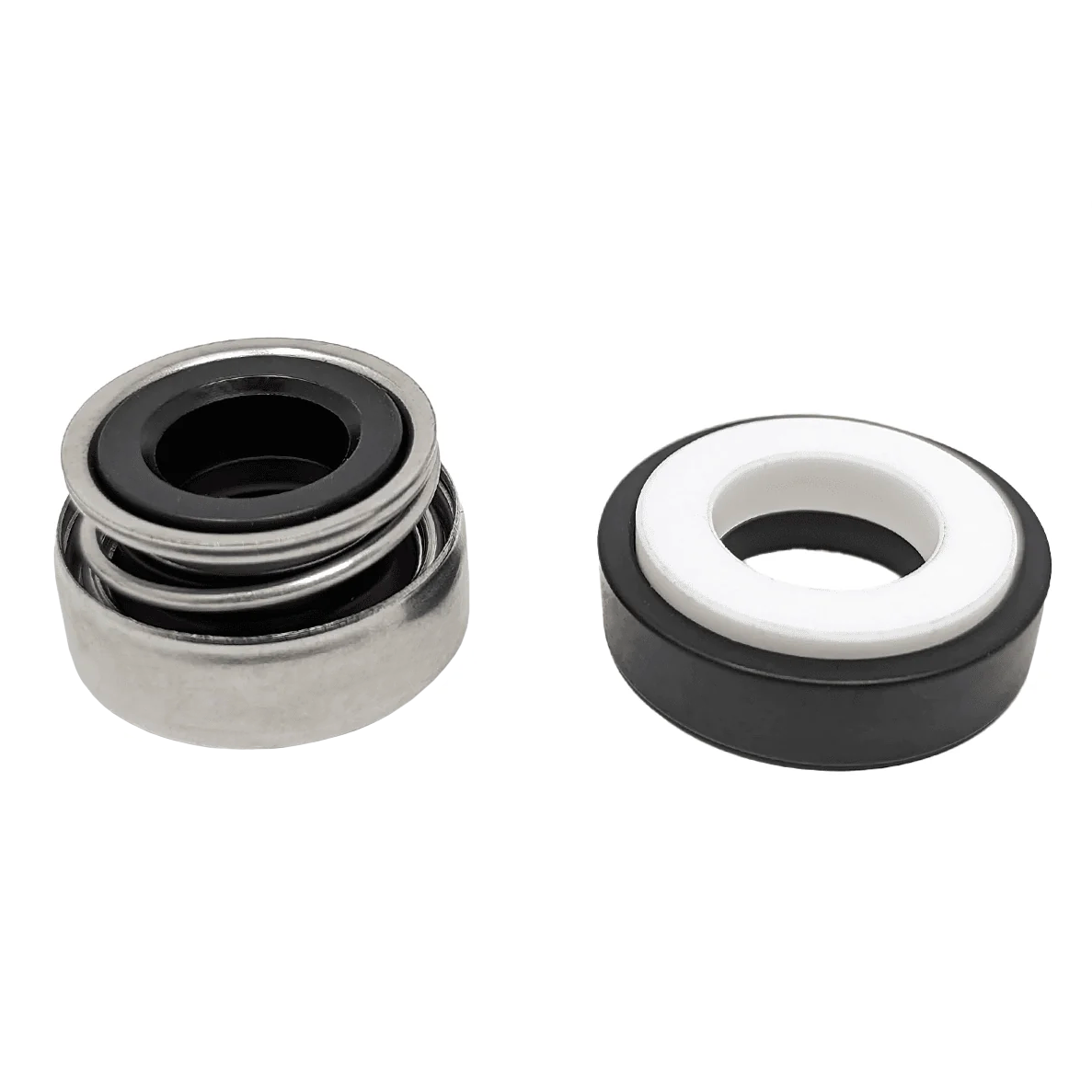 Two mechanical seals, one black and silver, the other black and white, on a white background.