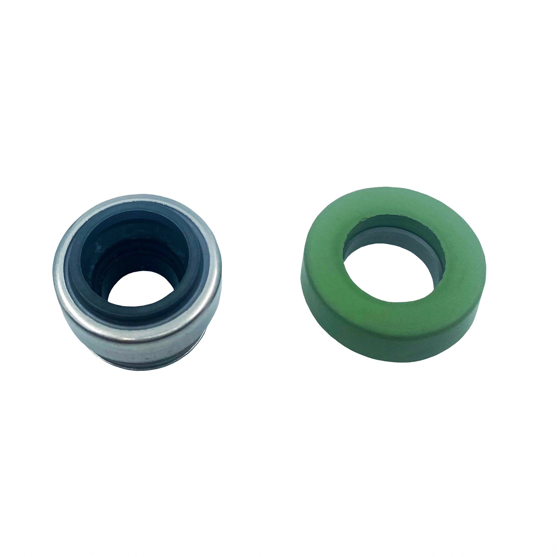 Two mechanical bearings, one black and one green, on a white background