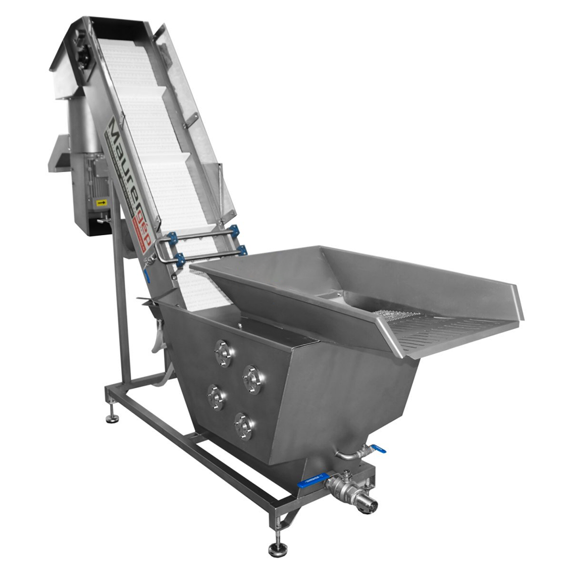 A stainless steel industrial conveyor belt sorter machine with a tilted belt, hopper, and metal frame, photographed on a plain white background.