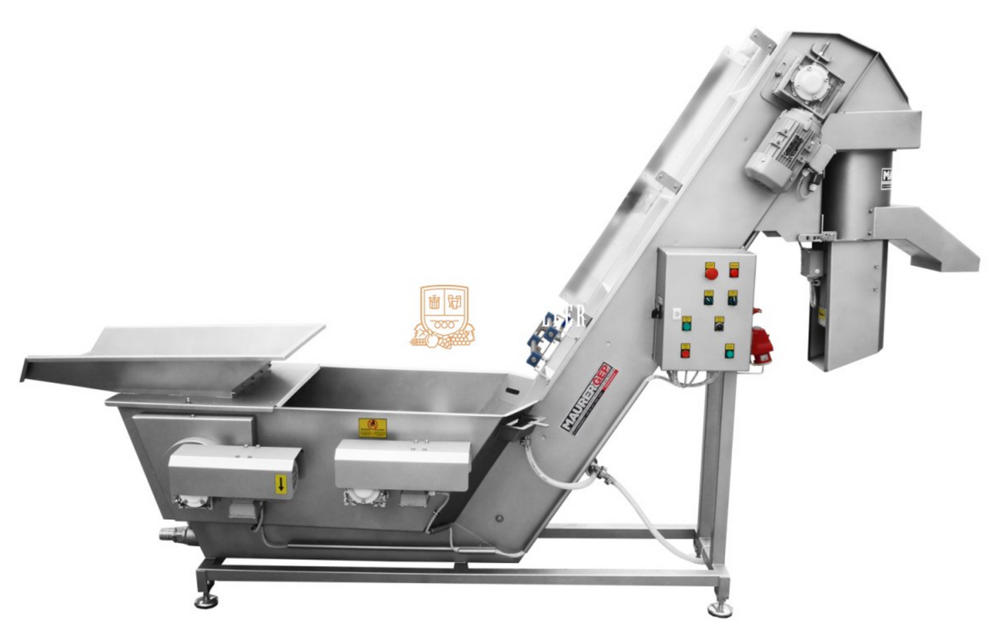 A stainless steel industrial conveyor belt sorter machine with a hopper, belt incline, control panel, and support frame, shown on a plain white background.