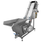 A stainless steel industrial conveyor belt sorter machine with a hopper, motor, and control panel, isolated on a white background.
