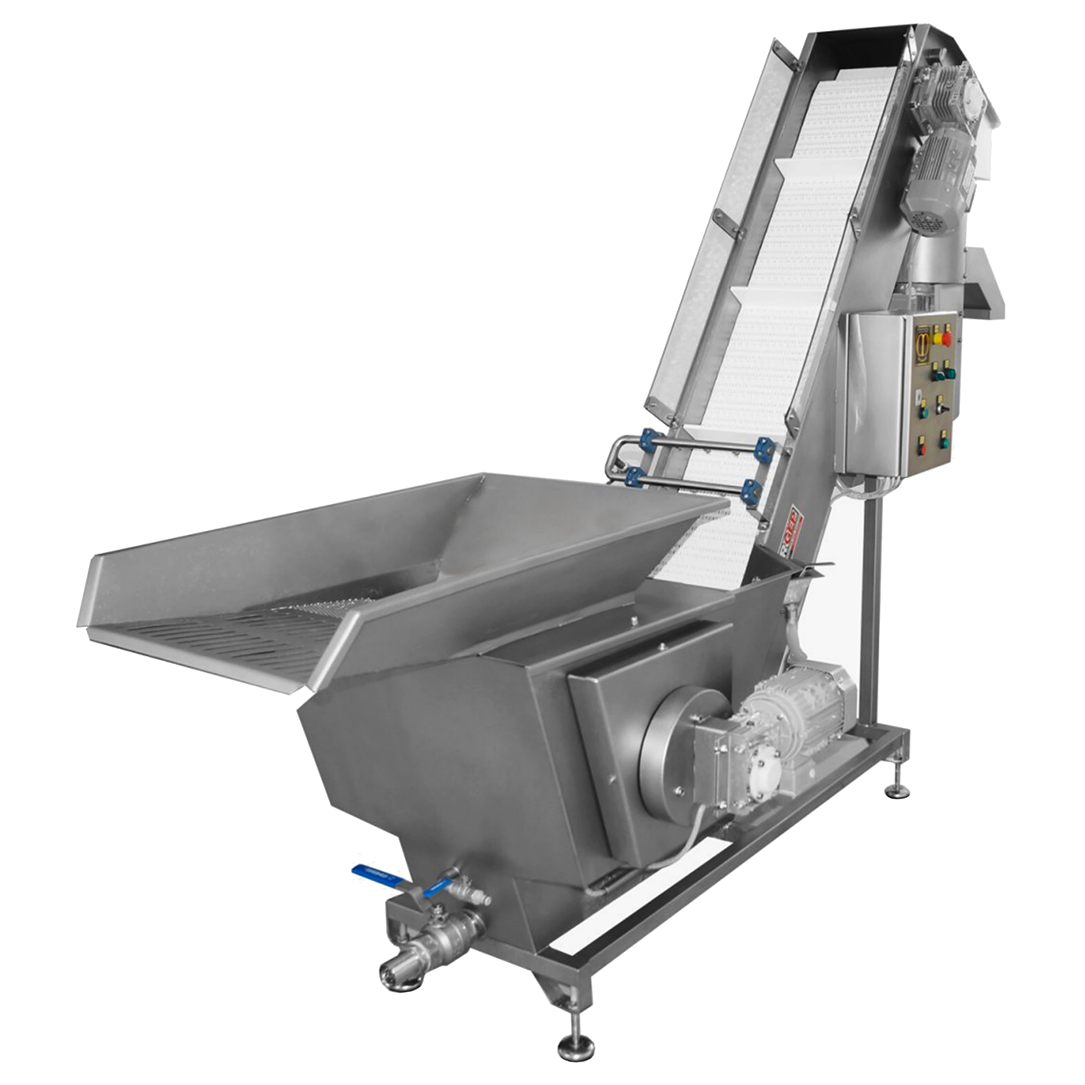 A stainless steel industrial conveyor belt sorter machine with a hopper, motor, and control panel, isolated on a white background.