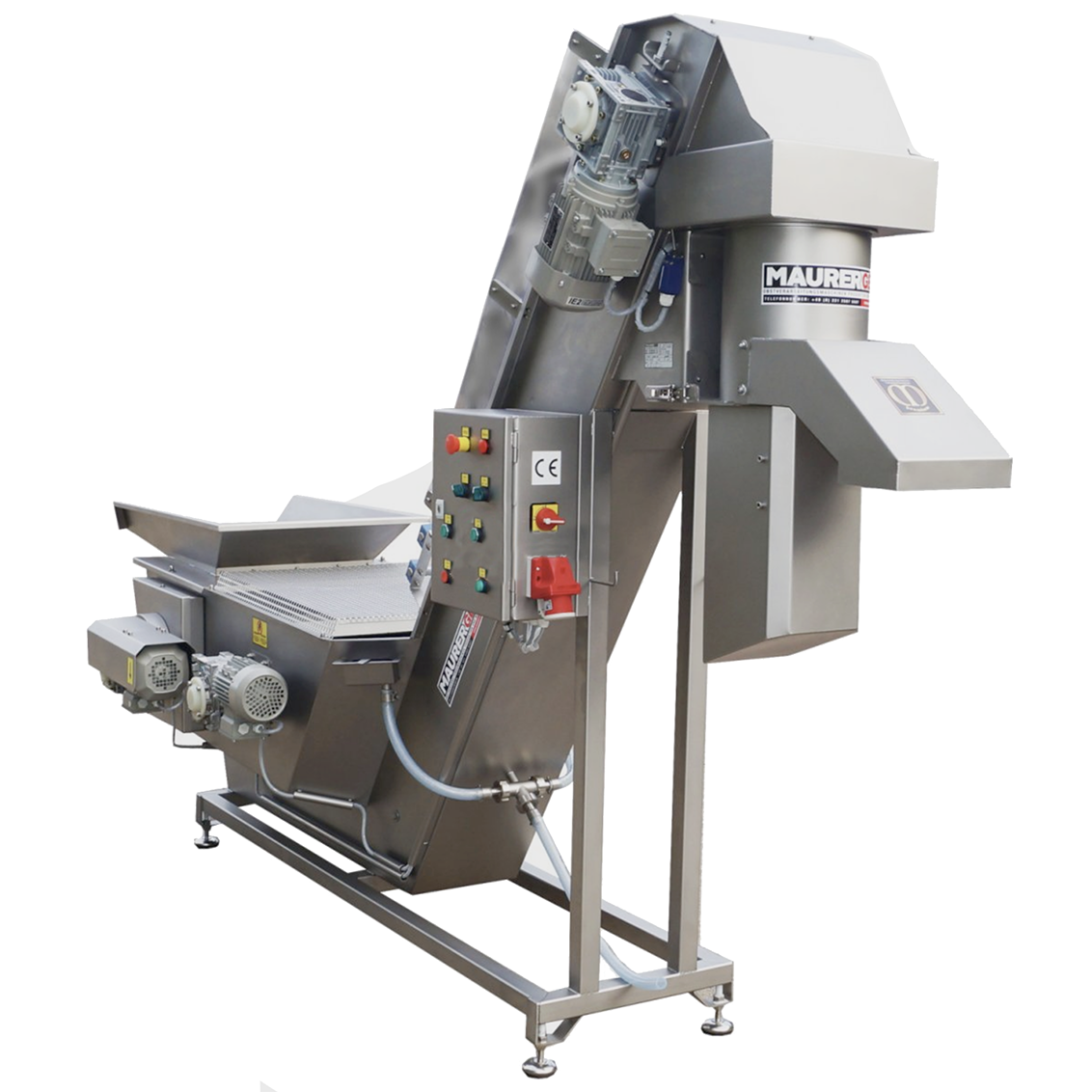 Industrial conveyor belt sorter machine with a metal frame, control panel, and motors, branded MAURER, shown on a plain white background.
