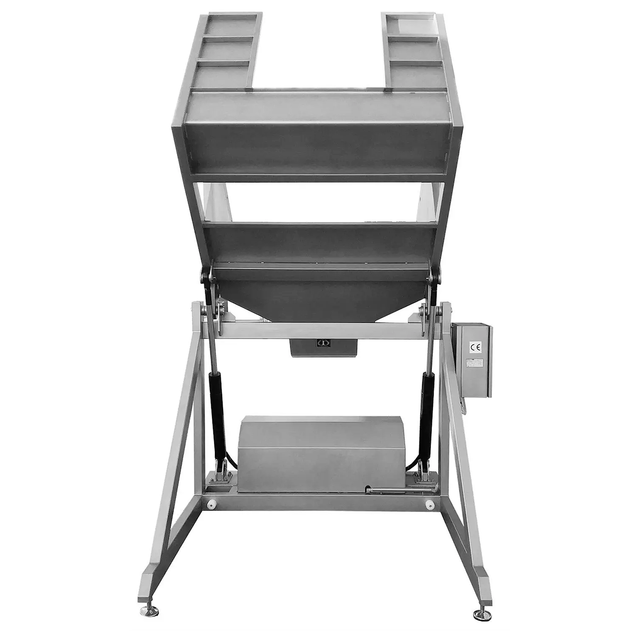 A heavy-duty industrial metal fruit tipper with an open top, hydraulic support legs, and an attached control box, shown on a plain white background.