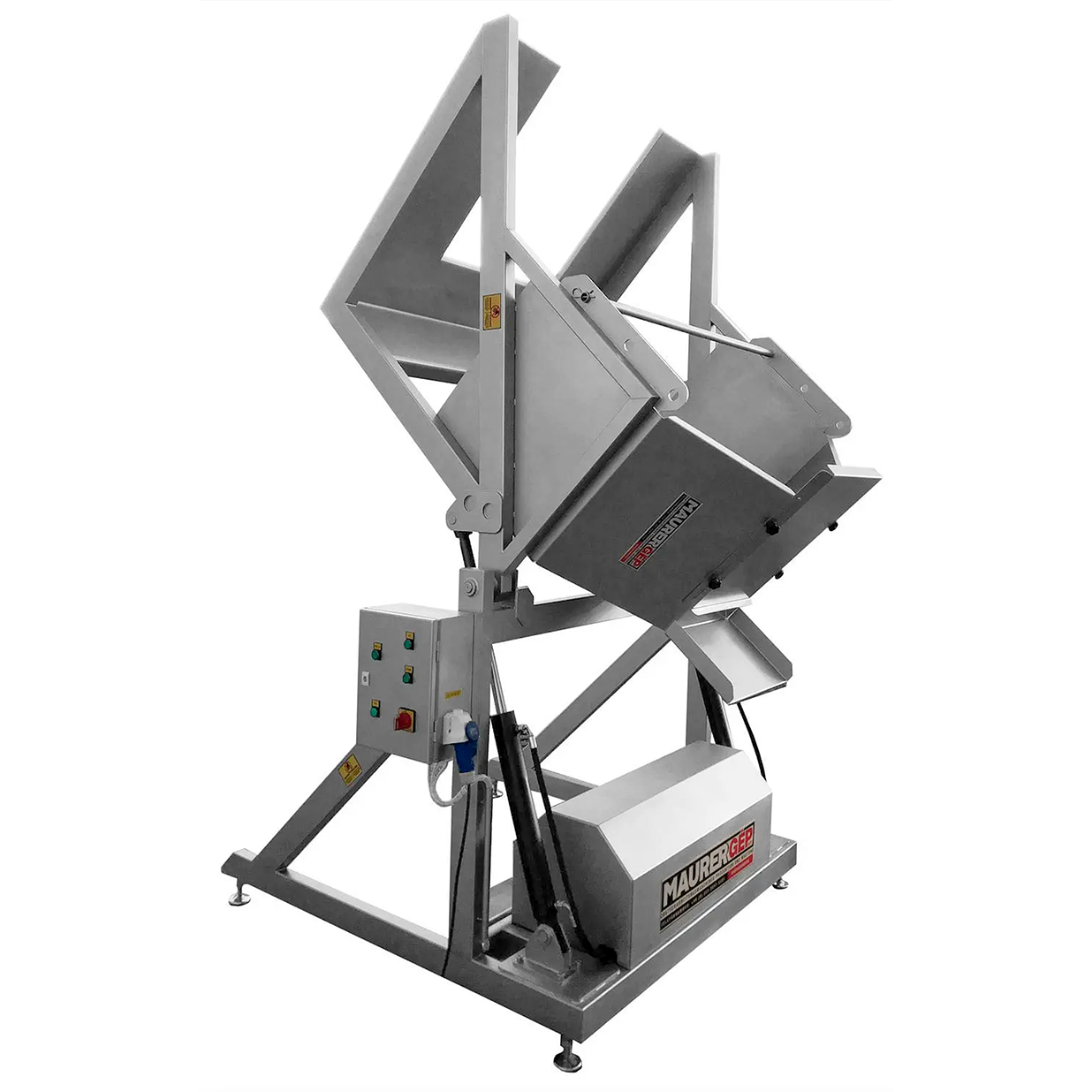 A heavy-duty industrial fruit tipper with a tilted stainless steel bowl on a hydraulic lift base, featuring a control panel and a Maurer Gep logo.