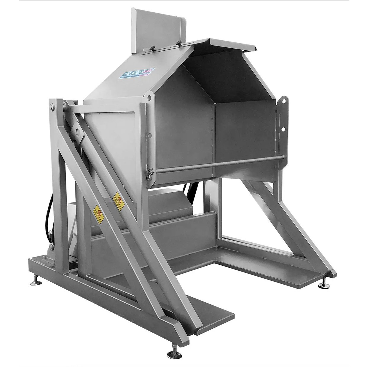 A heavy-duty industrial metal bin with a tilted lid and heavy-duty support frame, shown on a plain white background.
