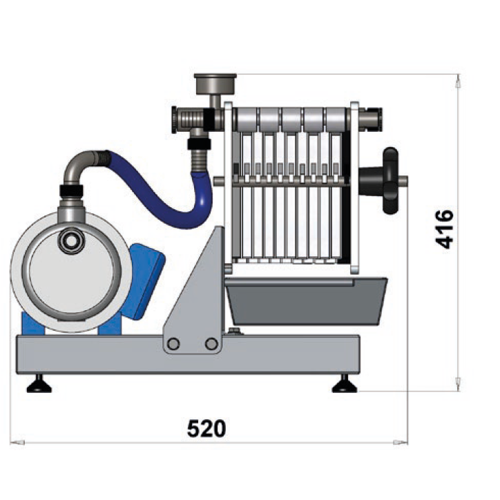 Technical drawing of a mechanical device with dimensions labeled