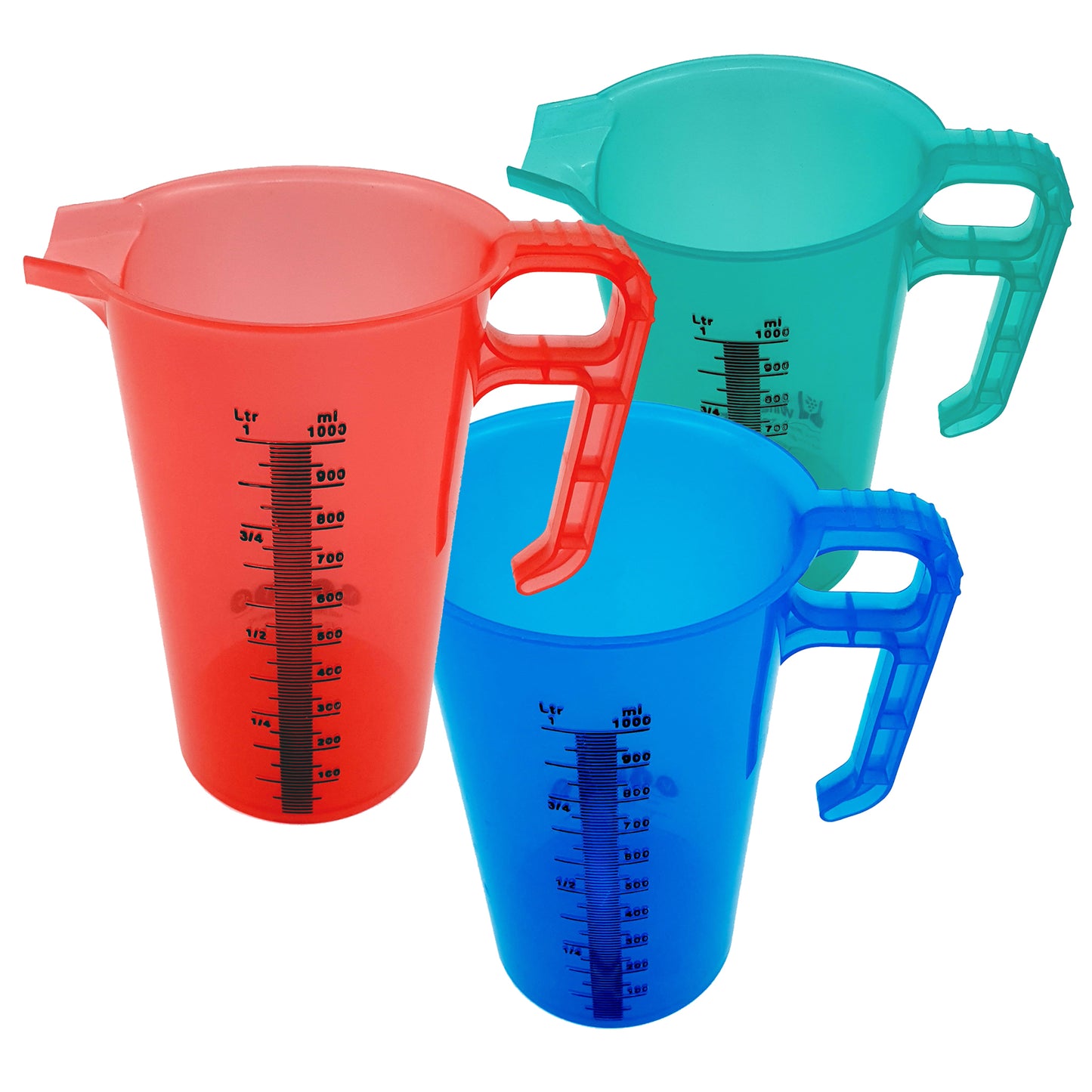Three colorful measuring cups (red, blue, green) on a white background