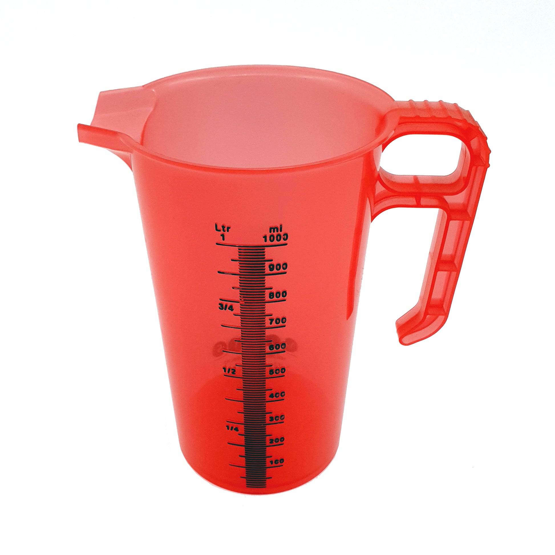 Red measuring cup with black measurement markings on a white background