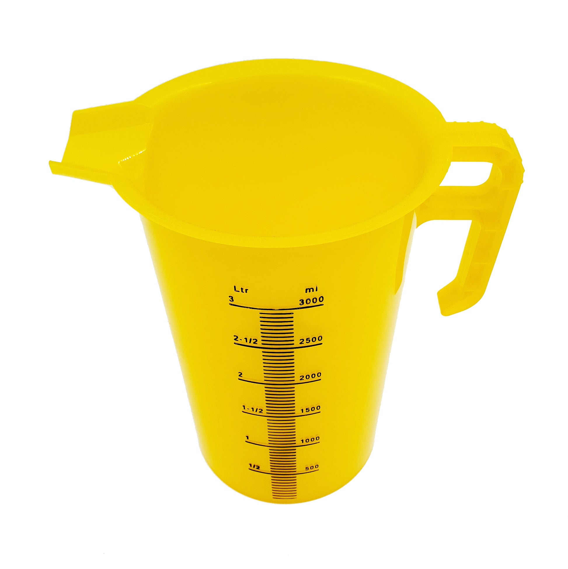 Yellow measuring cup with measurement markings on a white background