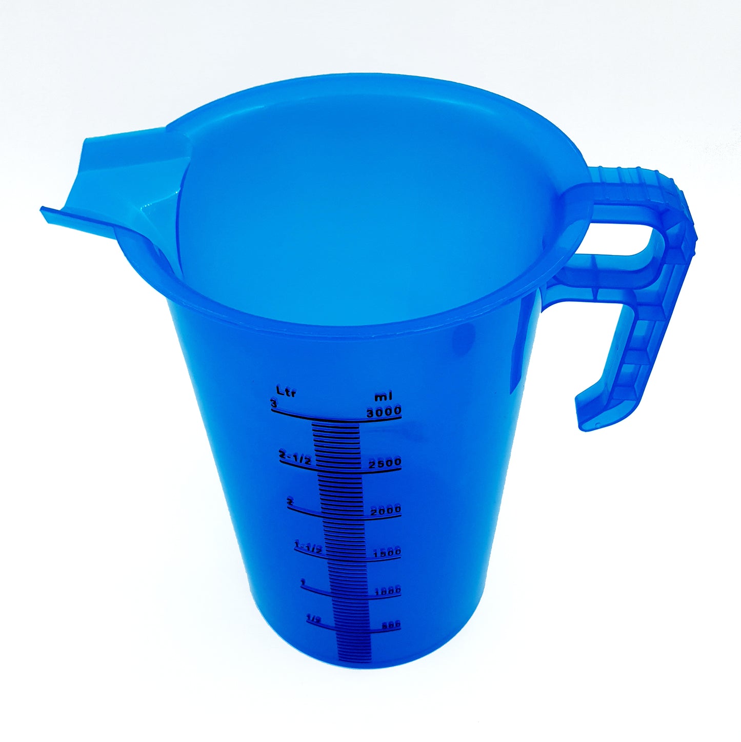Blue measuring cup with measurement markings on a white background
