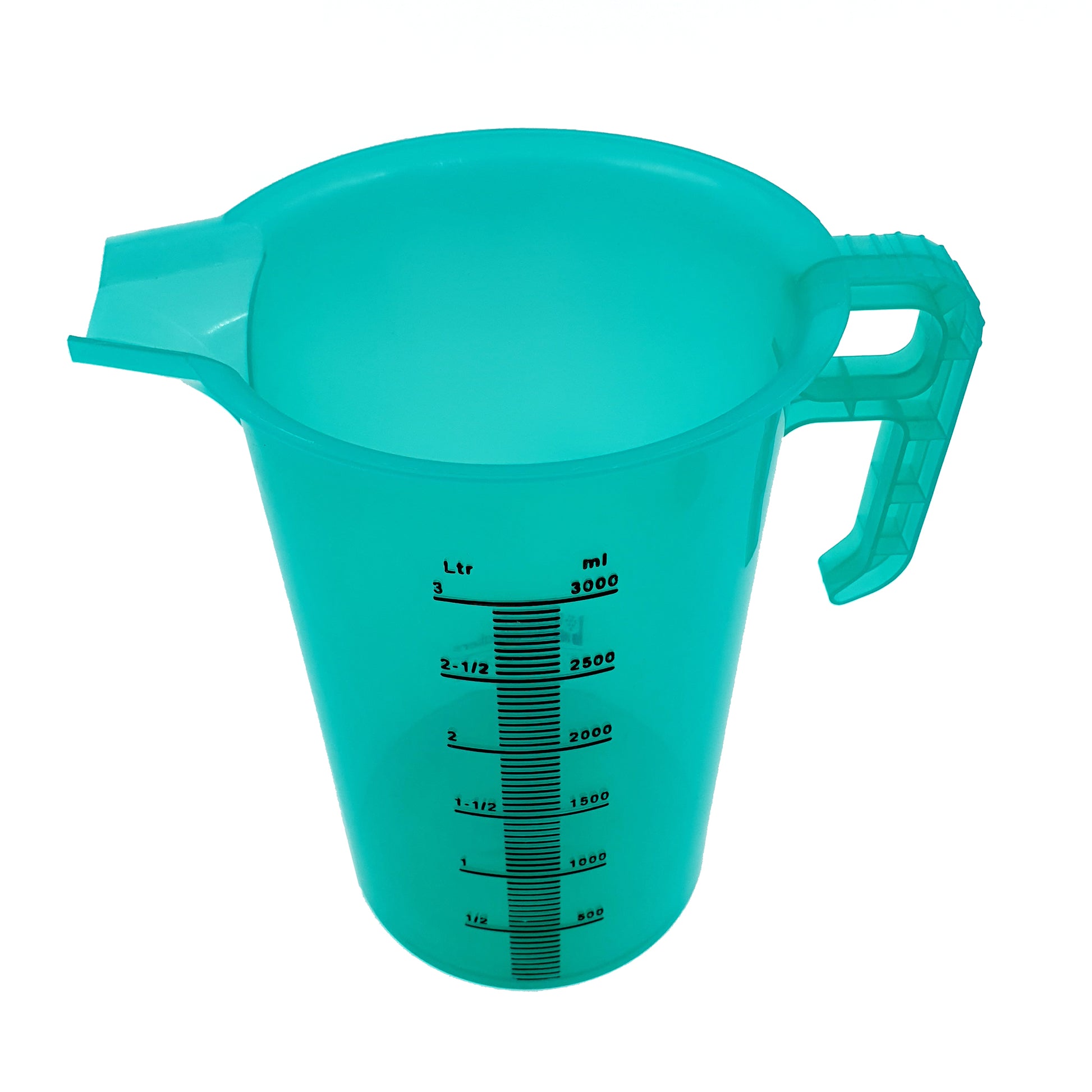 Turquoise measuring cup with black measurement markings on a white background
