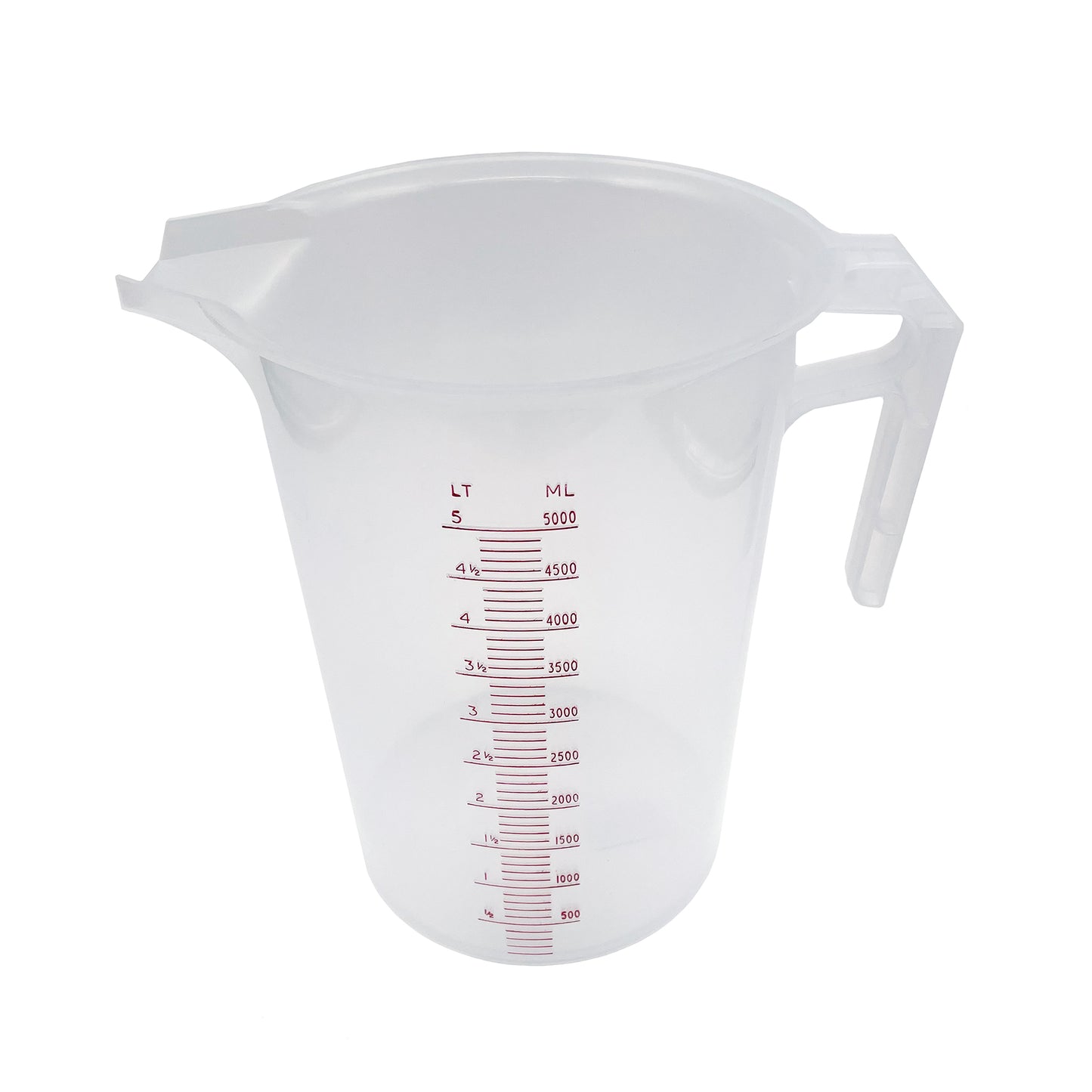Clear measuring cup with red measurement markings on a white background
