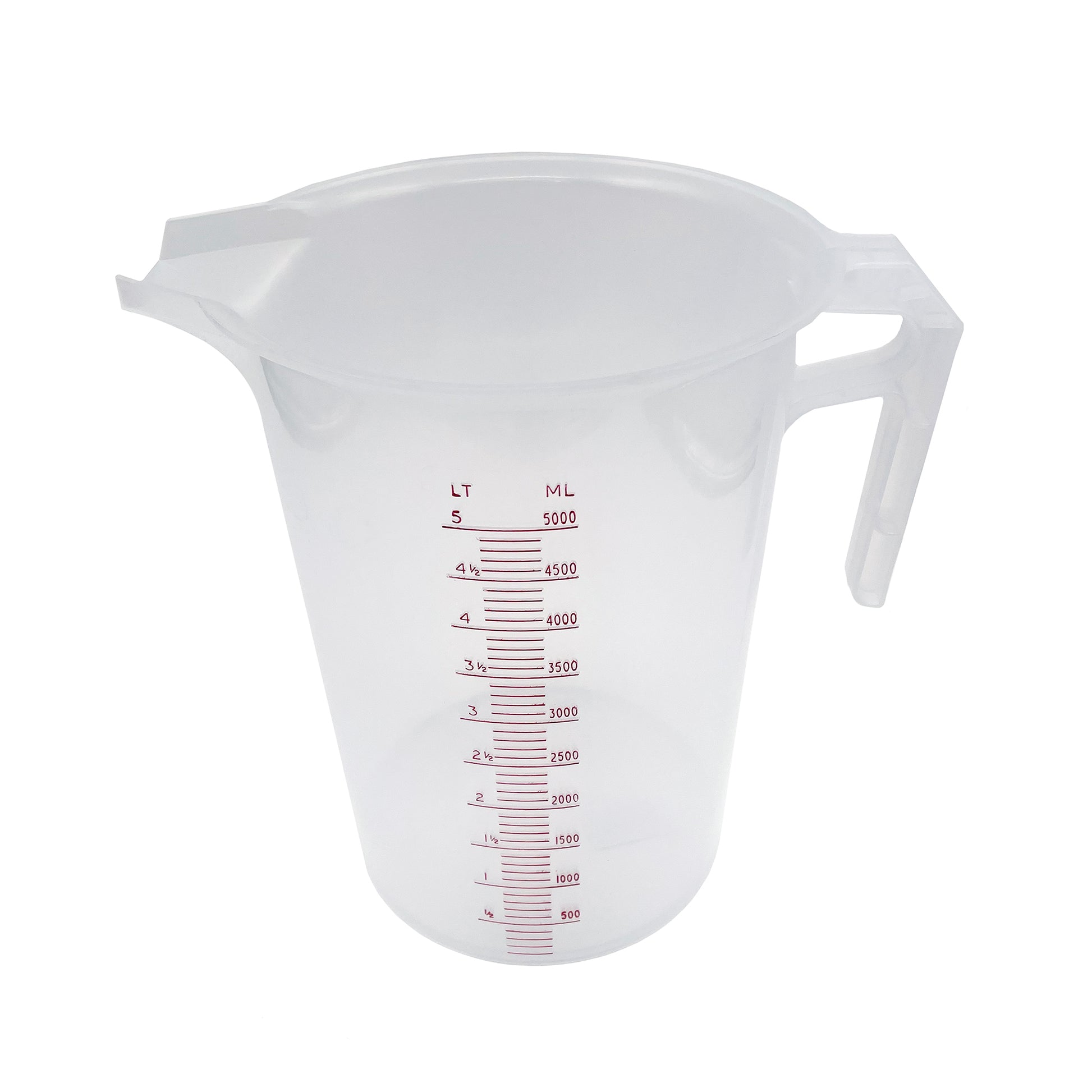 Clear measuring cup with red measurement markings on a white background