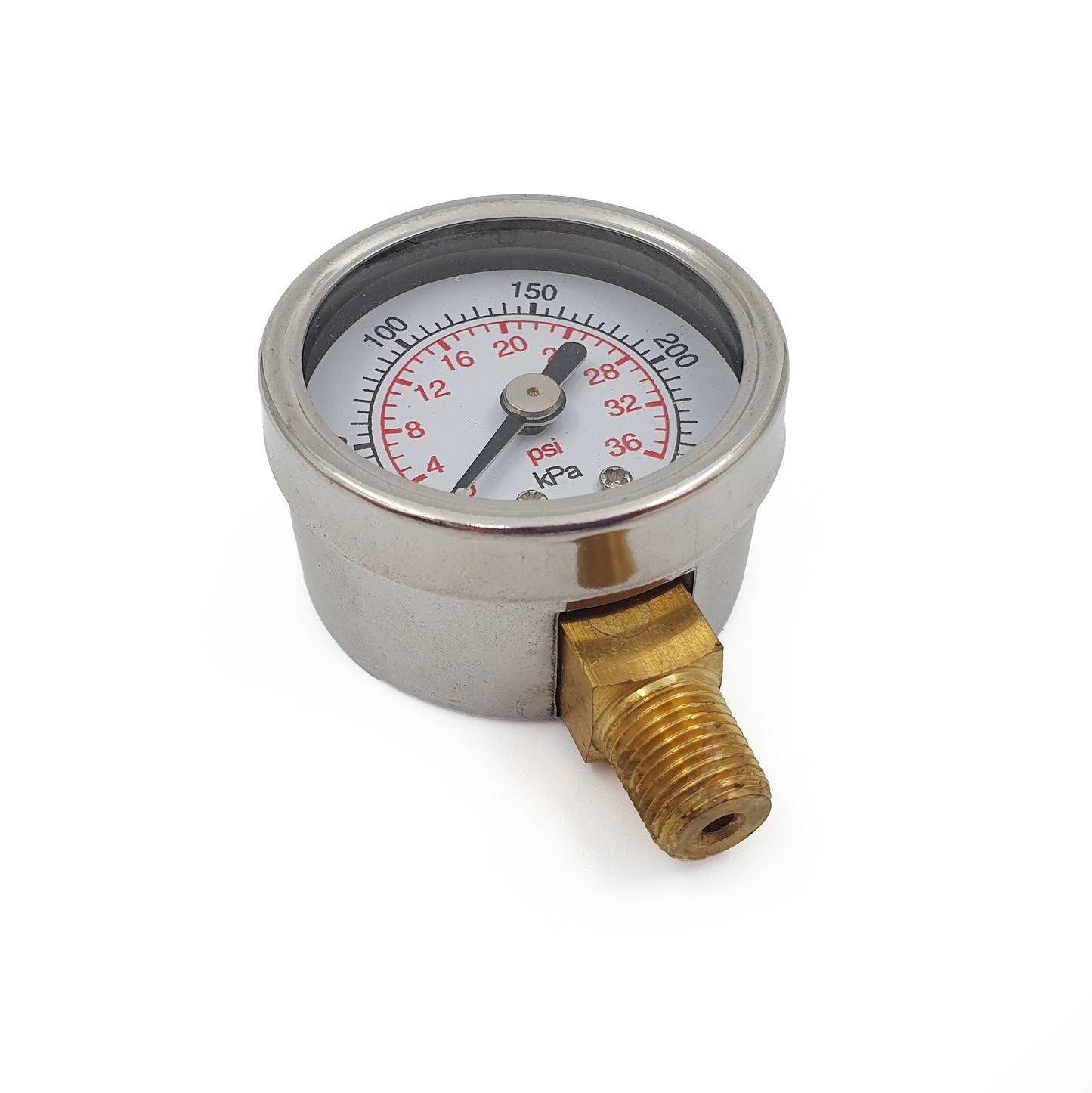 Pressure gauge with brass fitting on a white background