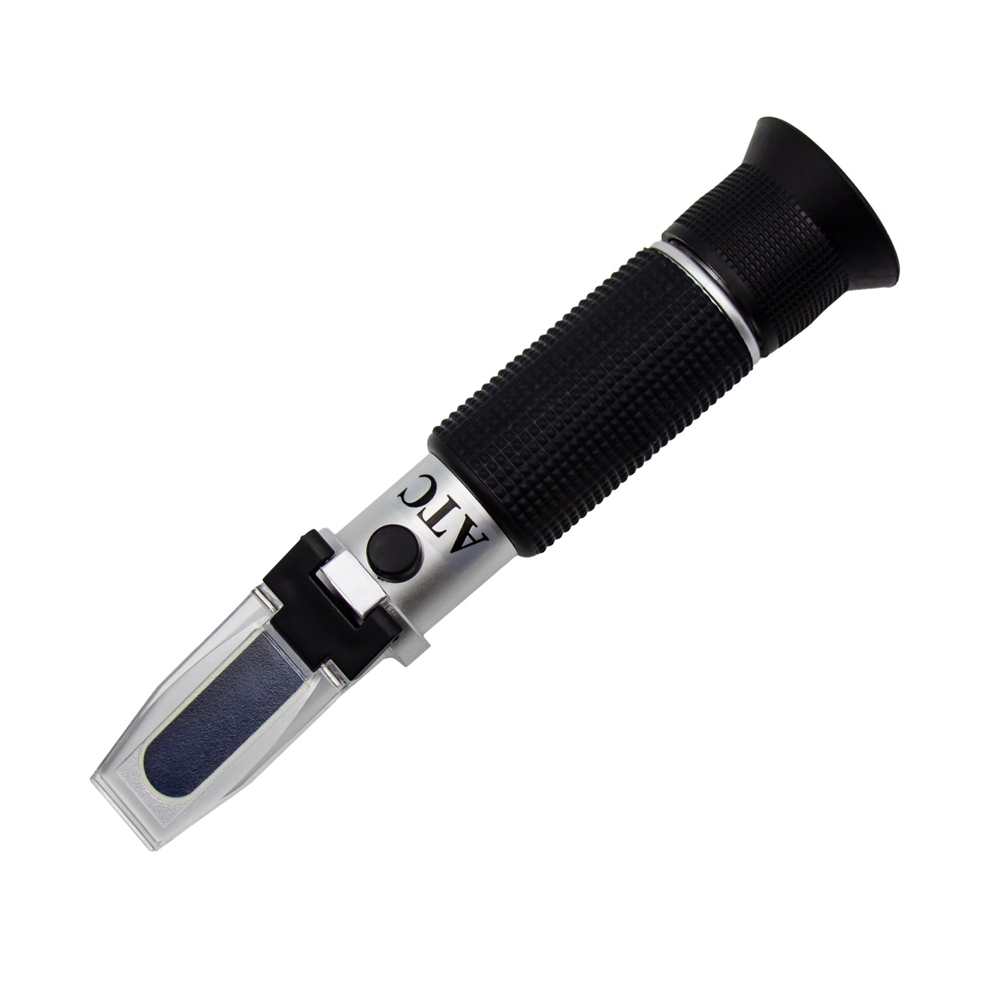 Refractometer with black handle and clear body on a white background