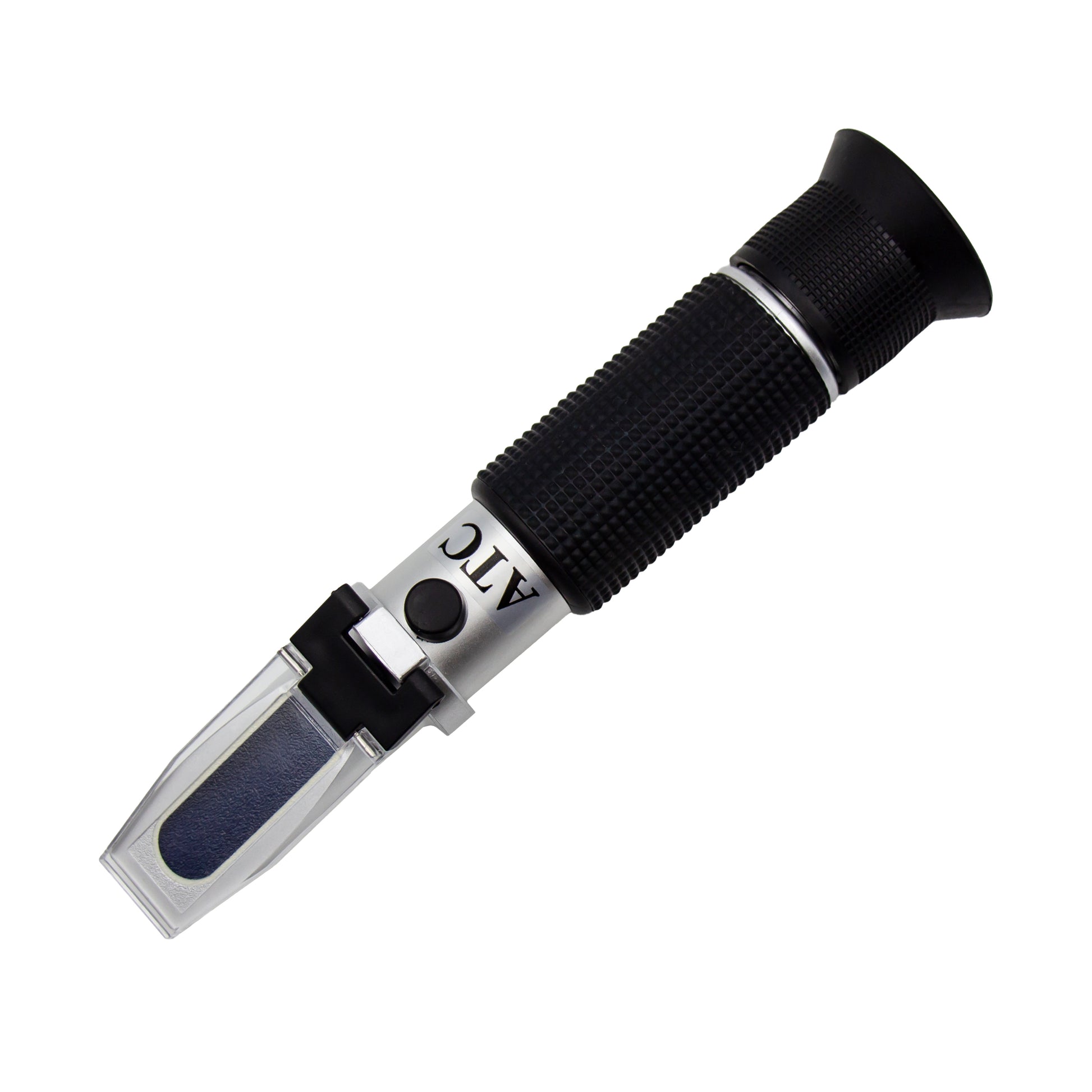 Refractometer with black handle and clear body on a white background