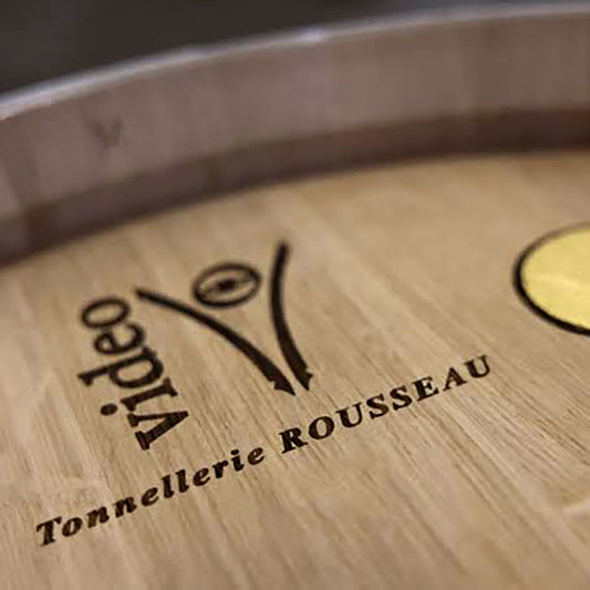 rousseau exceptional series wine barrel with logo and video burnt on the top
