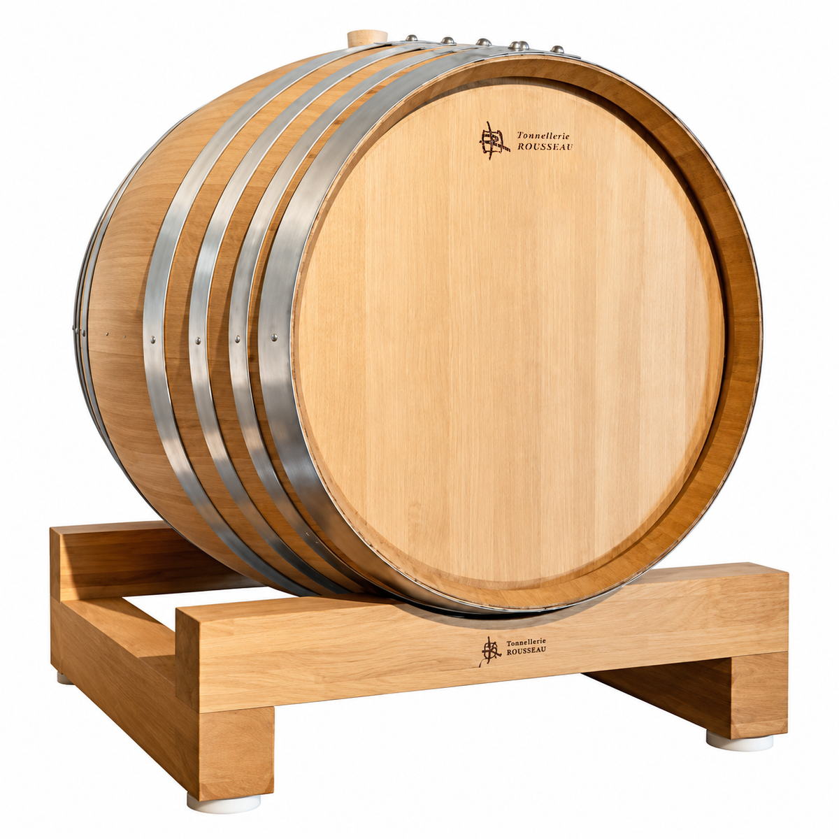 french oak wine barrel on a wooden rack against a white background