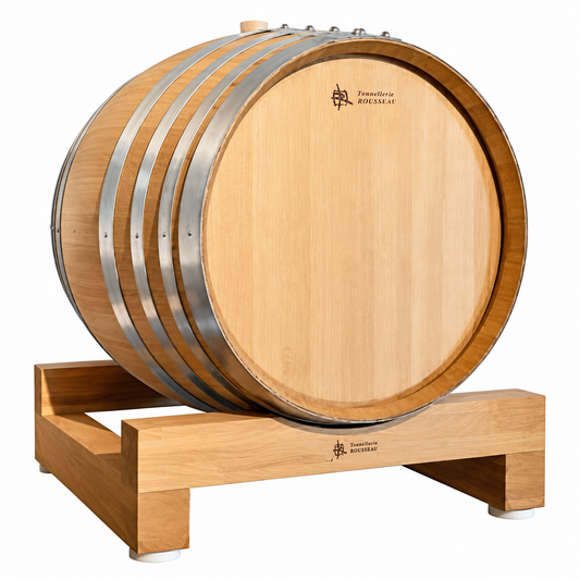french oak wine barrel on a wooden rack against a white background
