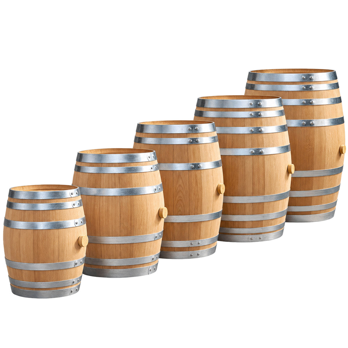 various sizes of wooden wine barrels on a white background
