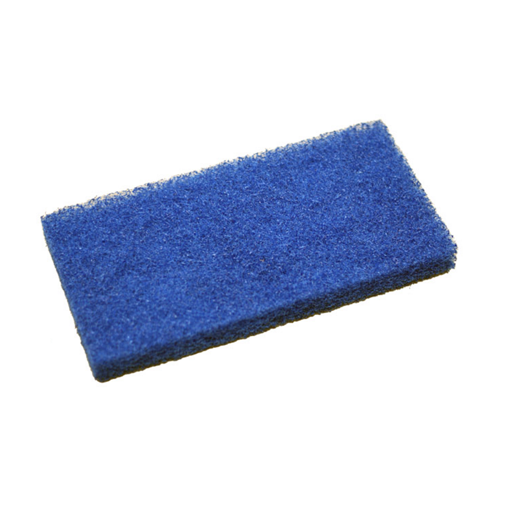 A rectangular blue scourer pad with a textured, granular surface, shown at an angle on a plain white background.
