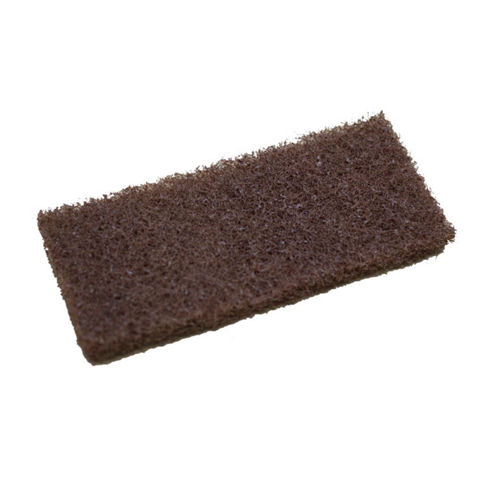 A rectangular brown scourer pad with a textured, porous surface, shown on a plain white background.