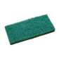 A rectangular green scouring sponge with a textured abrasive surface, shown at an angle on a plain white background.