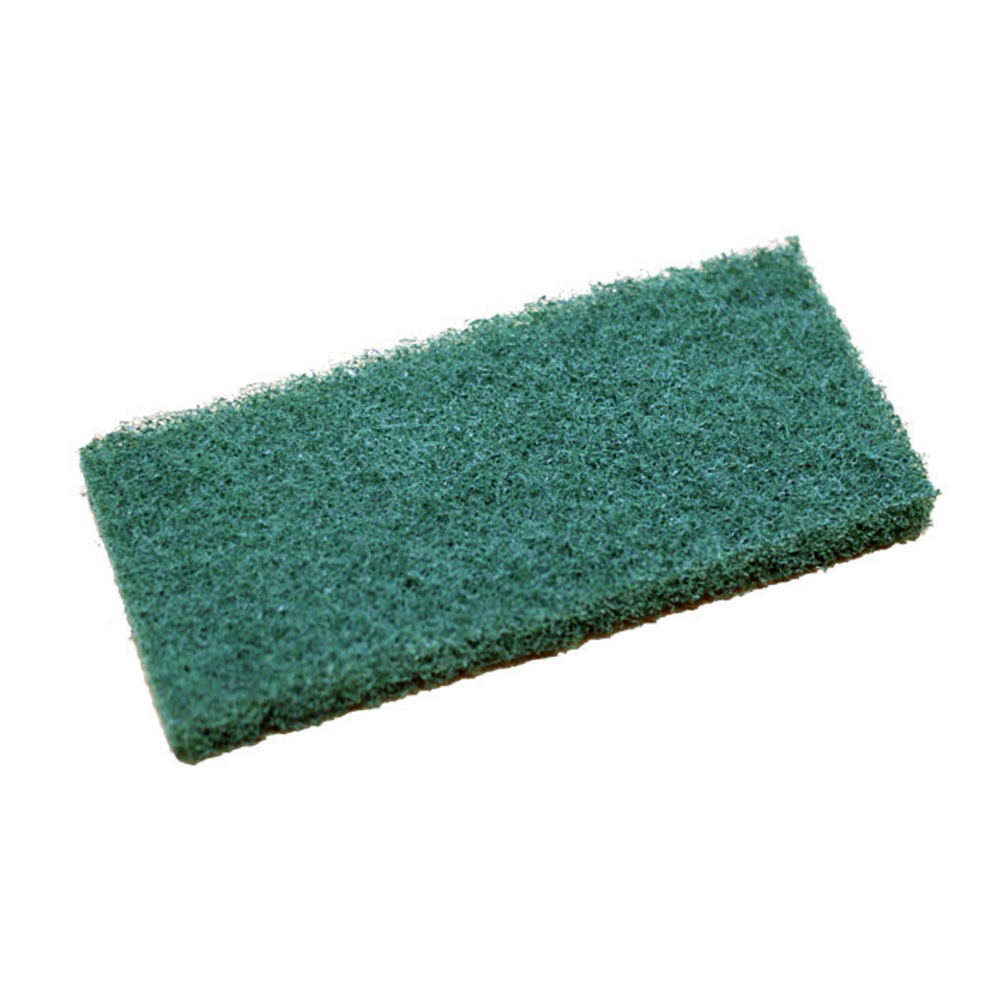 A rectangular green scouring sponge with a textured abrasive surface, shown at an angle on a plain white background.