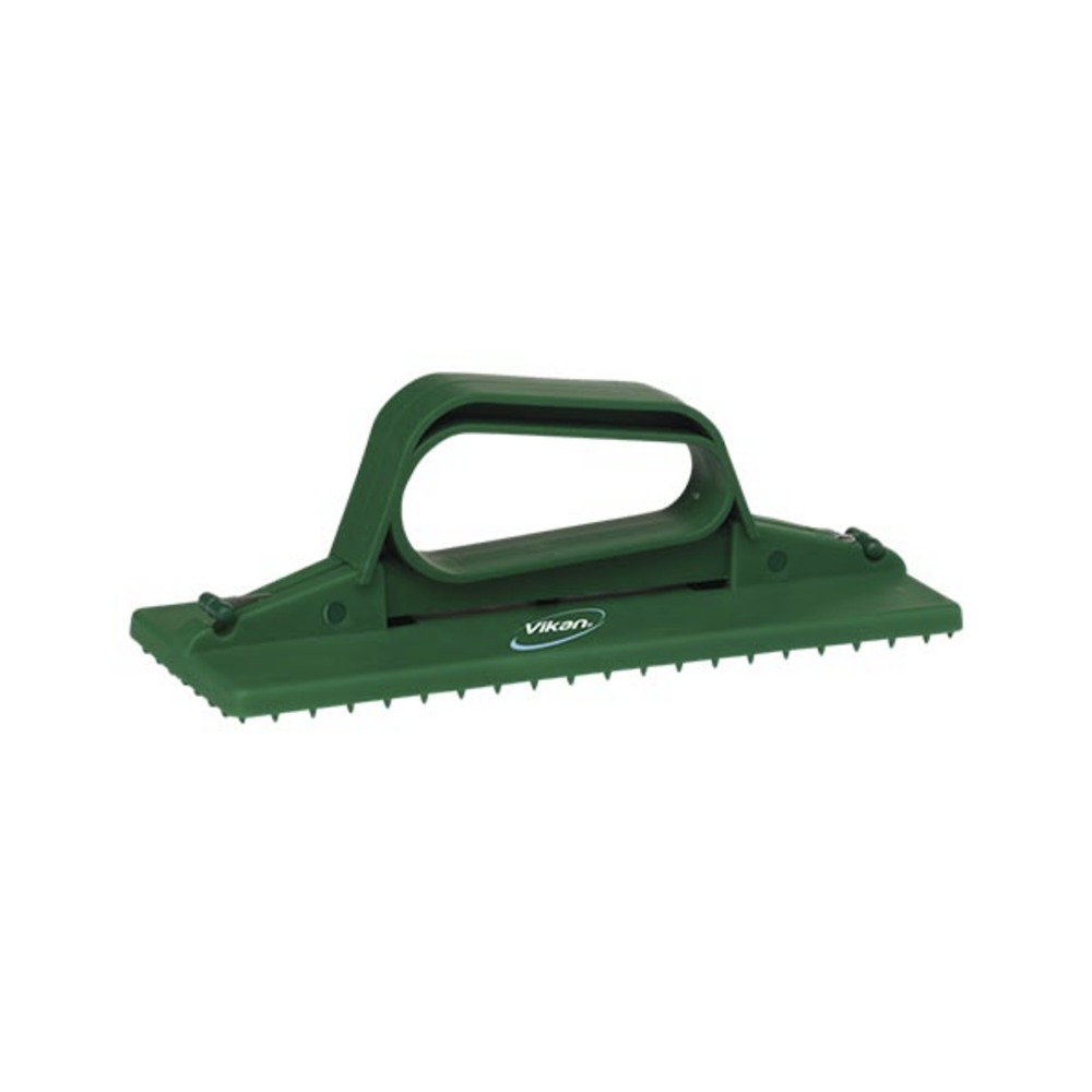 A green plastic hand help scourer pad tool  with a handle, shown against a plain white background. The brand name 'Viktor' is printed on the side.