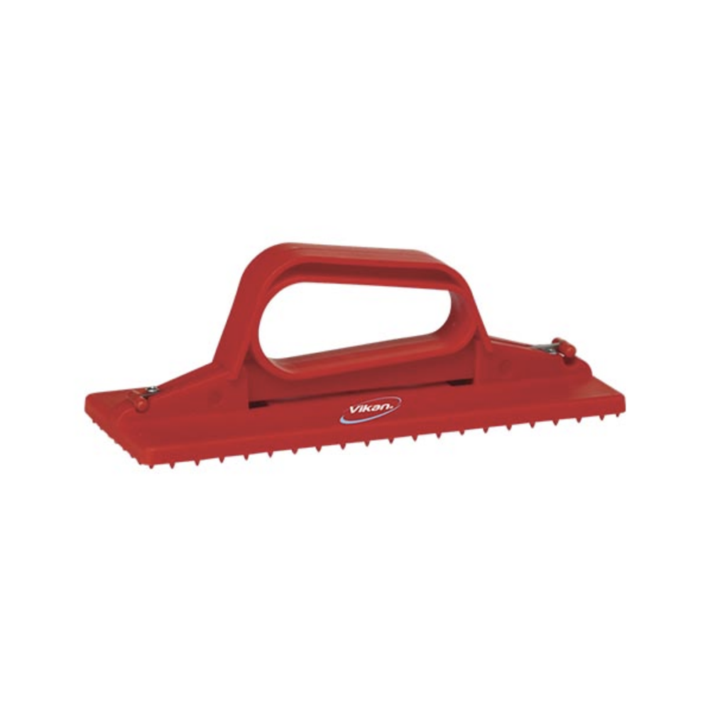 A red Vikan hand help scourer pad tool  with a handle, shown on a plain white background.