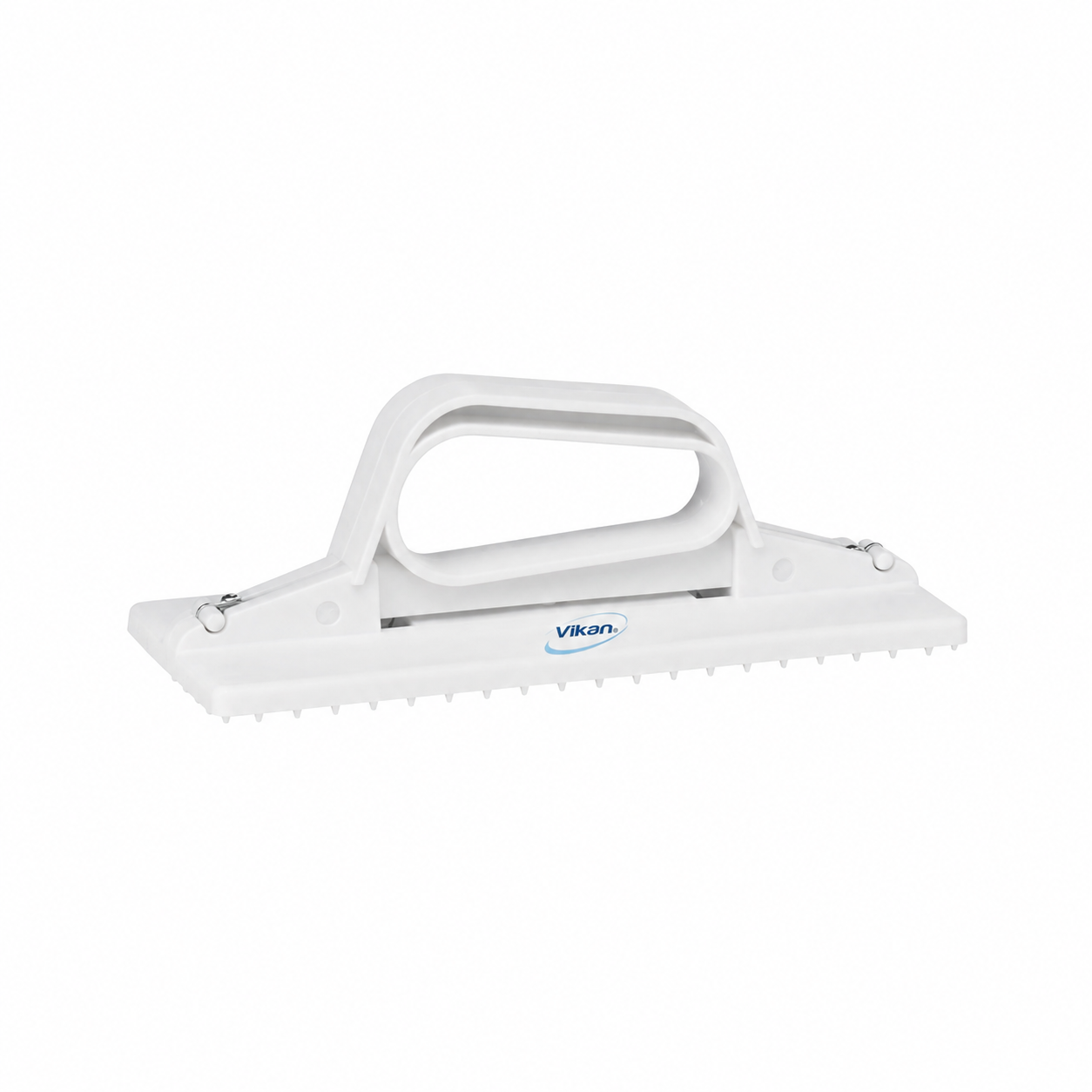 A white plastic hand help scourer pad tool with a handle and a row of small teeth along the bottom edge, shown on a plain white background. The brand name 'Vikan' is printed in blue on the side.