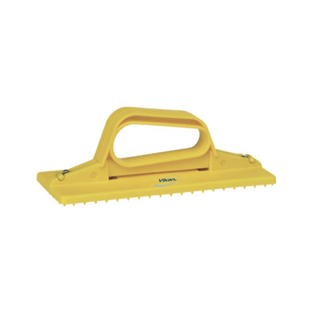 Yellow Vikan hand help scourer pad tool  with a handle, shown on a plain white background.