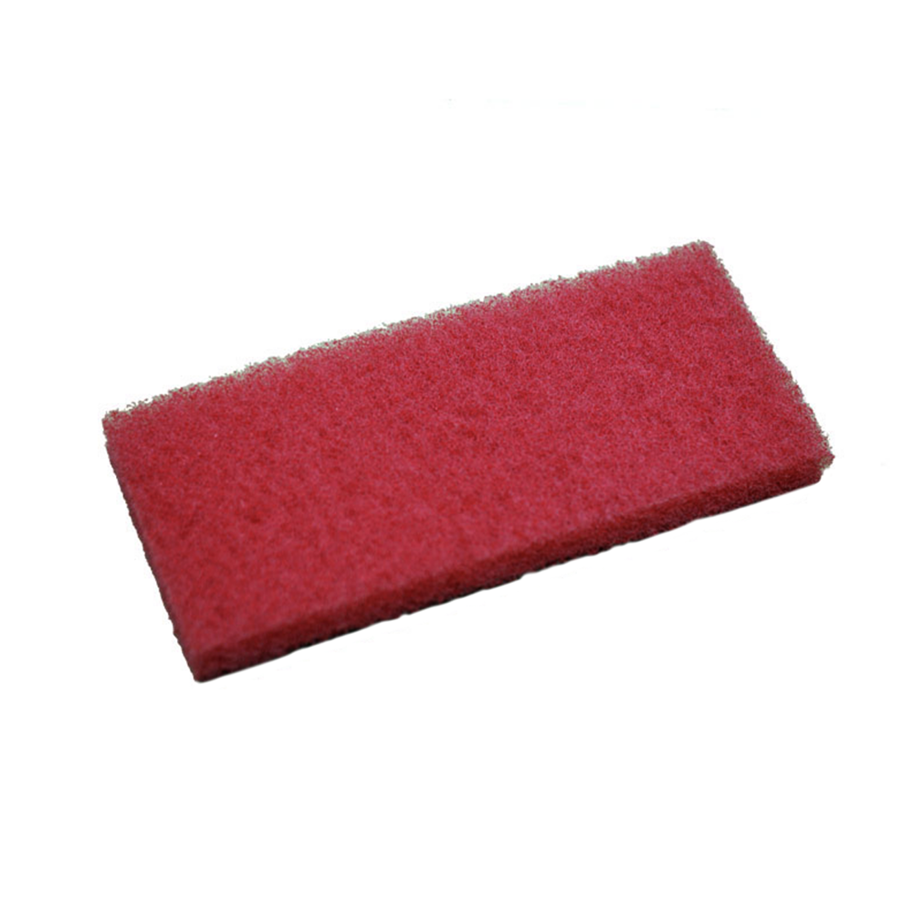 A rectangular red scourer pad with a textured, fibrous surface, shown on a plain white background.